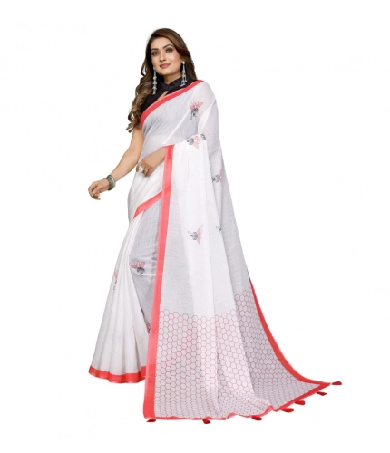 Generic Women's Linen Cotton Printed Saree With Unstitched Blouse 5.5Mtr (White)