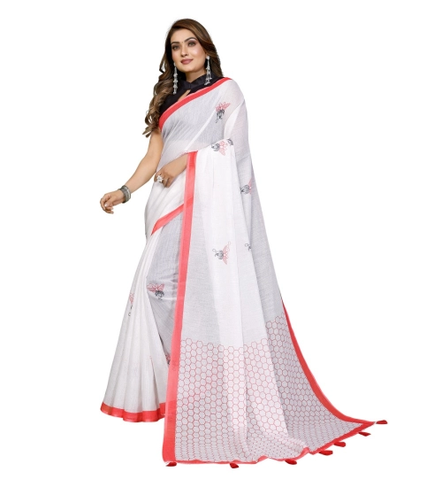 Generic Women's Linen Cotton Printed Saree With Unstitched Blouse 5.5Mtr (White) Generic Women's Linen Cotton Printed Saree With Unstitched Blouse 5.5Mtr (White)