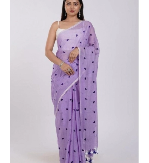 Generic Women's Linen Printed Saree With Unstitched Blouse 5.5Mtr (Purple)