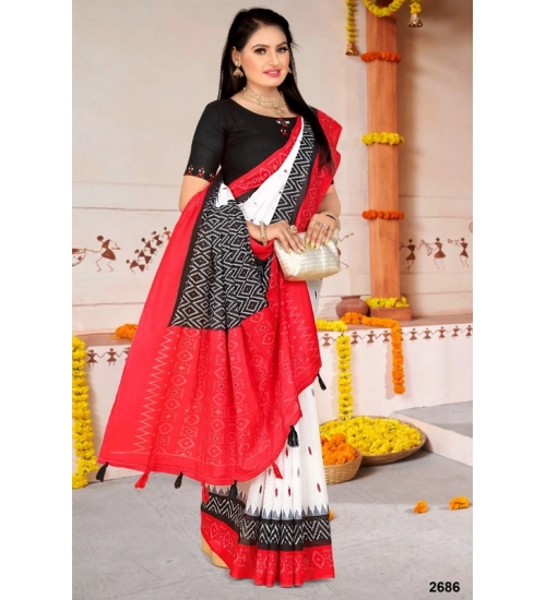 Generic Women's Soft Pure Cotton Printed Saree With Unstitched Blouse 5.5Mtr (White)