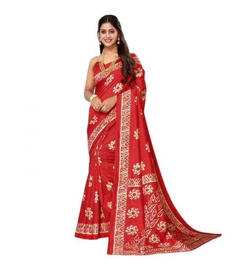 Generic Women's Litchi silk Printed Saree With Unstitched Blouse  5-6 Mtrs (Red)