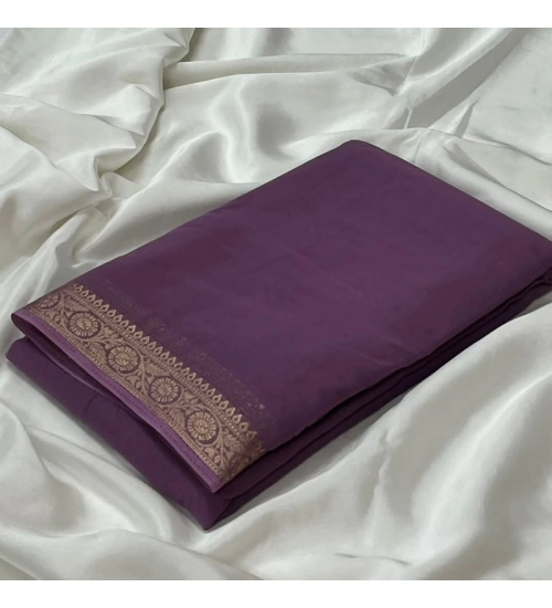 Generic Women's Crepe Chit Pallu Solid Saree With Unstitched Blouse 5.5Mtr (Violet)