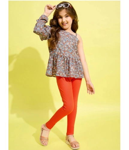 Generic Girl's Polyester Floral One Shoulder Jeggings Set (Grey-Orange)