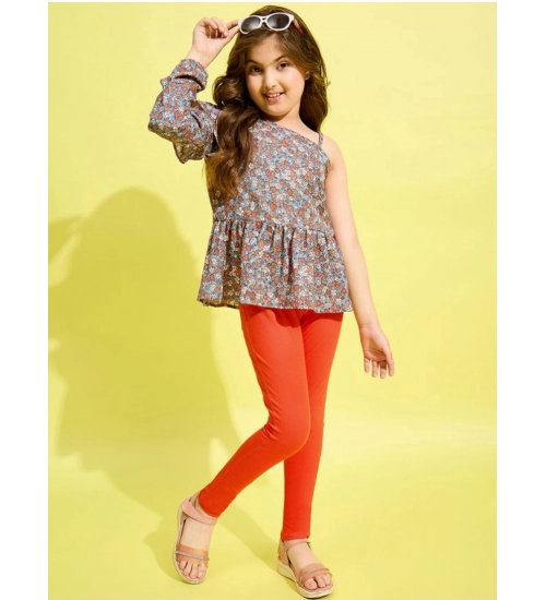 Generic Girl's Polyester Floral One Shoulder Jeggings Set (Grey-Orange)