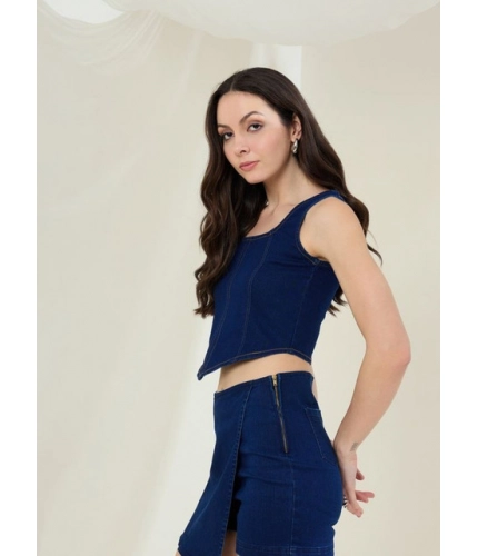 Generic Women's Denim Lycra Solid Sleeveless Top (Blue)