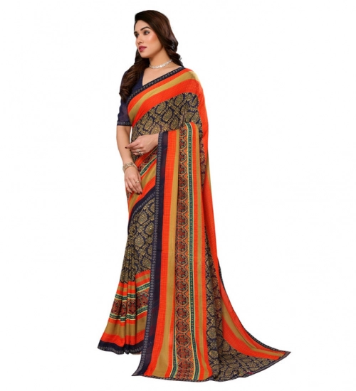 Generic Women's Georgette Printed Saree With Unstitched Blouse 5.5Mtr (Orange)