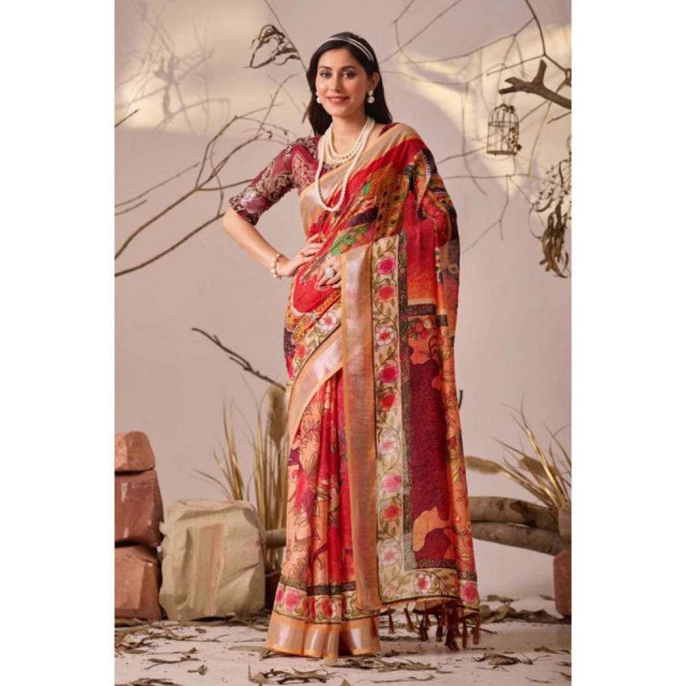 Generic Women's Faux_Linen Printed Saree With Unstitched Blouse 5.5Mtr (Red)