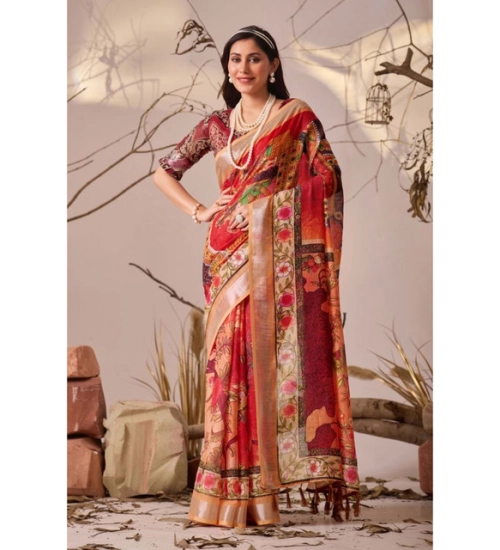Generic Women's Faux_Linen Printed Saree With Unstitched Blouse 5.5Mtr (Red)