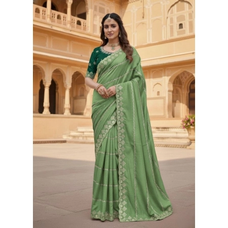 Generic Women's Georgette Embroidered Saree With Unstitched Blouse 5.5Mtr (Pista Green)