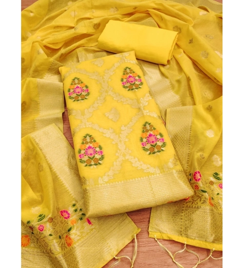 Generic Women's Banarasi Silk Printed Unstitched Salwar Suit Material With Dupatta (Yellow, 3Mtrs)