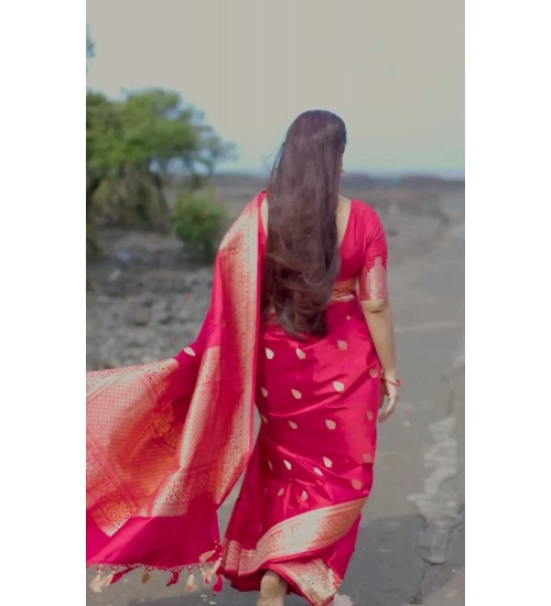 Generic Women's Soft Litchi Silk Jacquard Work Saree With Unstitched Blouse 5.5Mtr (Pink)