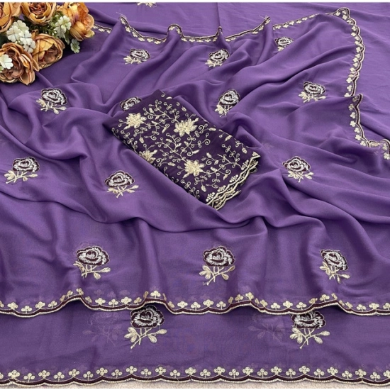 Generic Women's Star Georgette Embroidered Saree With Unstitched Blouse 5.5Mtr (Purple)