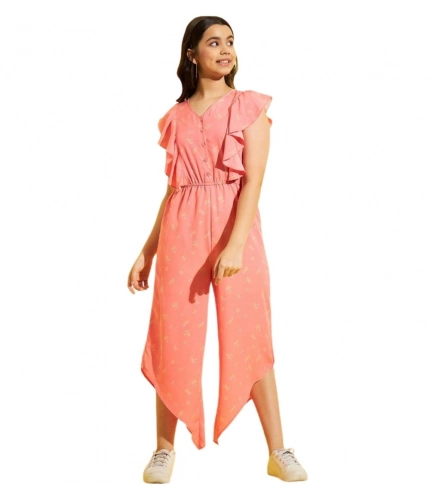Generic Girl's Polyester Floral Sleeveless Jumpsuit (Pink)