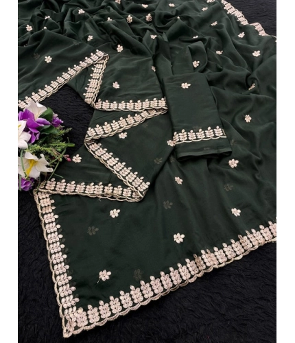 Generic Women's Georgette Embroidered Saree With Unstitched Blouse 5.5Mtr (Green)
