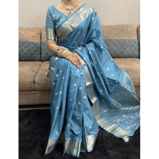 Generic Women's Satin Printed Saree With Unstitched Blouse 5.5Mtr (light Blue)