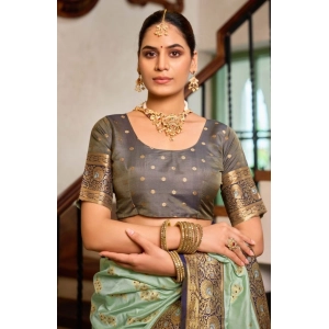 Generic Women's Silk Blend Booti Work Ready to wear Saree With Unstitched Blouse 5.5Mtr (SeaGreen)