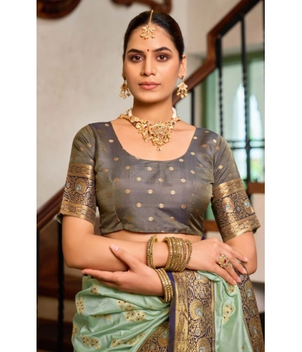 Generic Women's Silk Blend Booti Work Ready to wear Saree With Unstitched Blouse 5.5Mtr (SeaGreen)