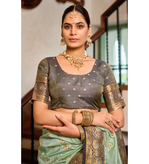 Generic Women's Silk Blend Booti Work Ready to wear Saree With Unstitched Blouse 5.5Mtr (SeaGreen)