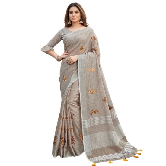 Generic Women's Linen Embroidered Saree With Unstitched Blouse 5.5Mtr (Light Beige) Generic Women's Linen Embroidered Saree With Unstitched Blouse 5.5Mtr (Light Beige)