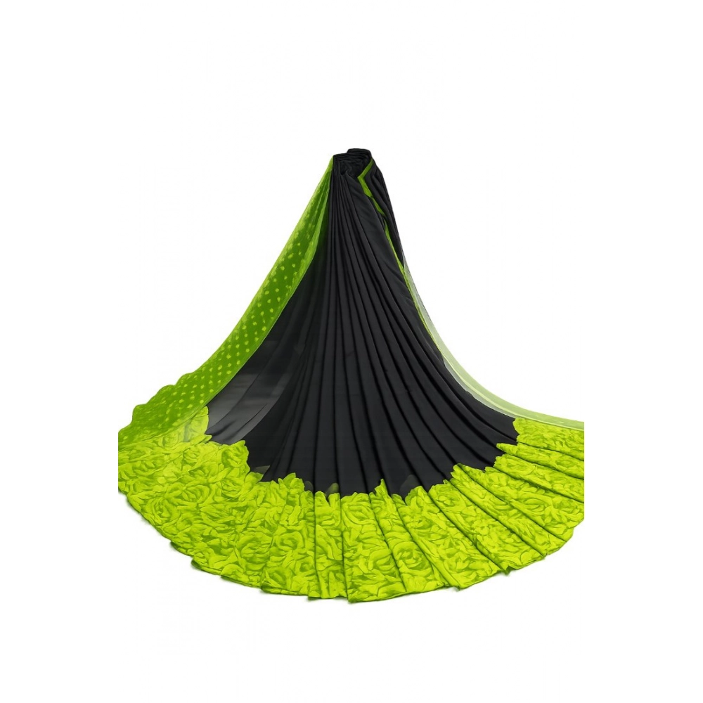 Generic Women's Georgette Printed Saree With Unstitched Blouse 5.5Mtr (Black-Lime Green)