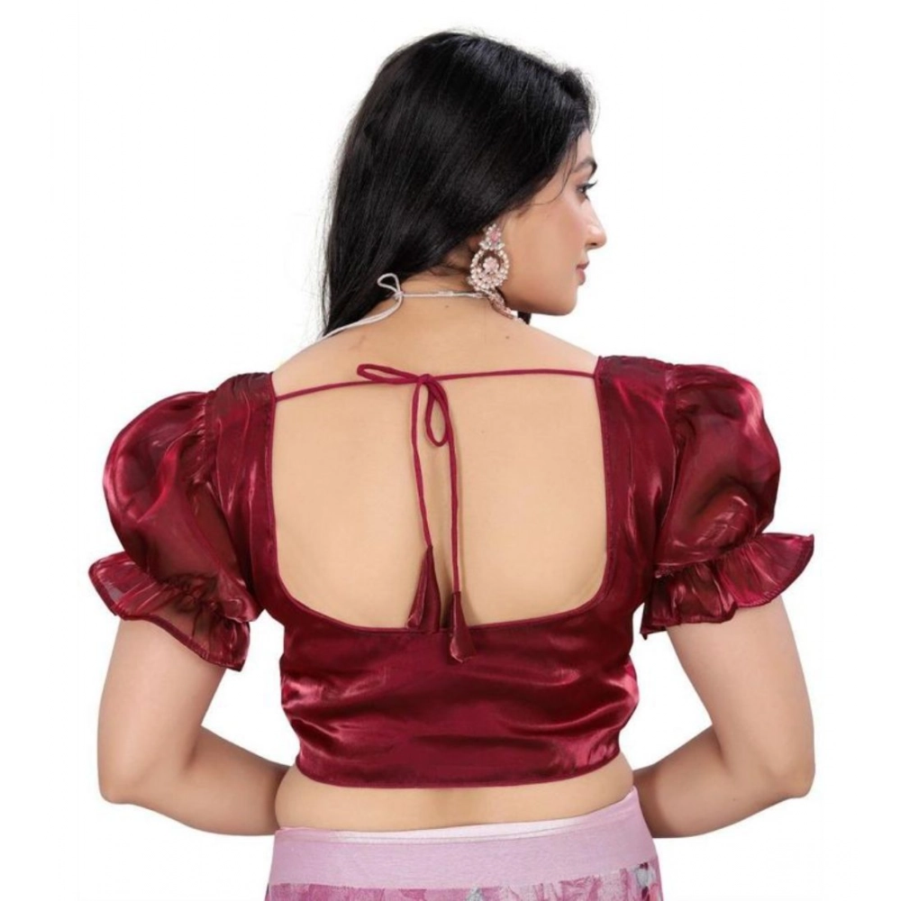 Generic Women's Jimmy Solid Designer Neck Elastic Sleeve Readymade Blouse (Maroon 38 , Alterable up to 42)-PID65831