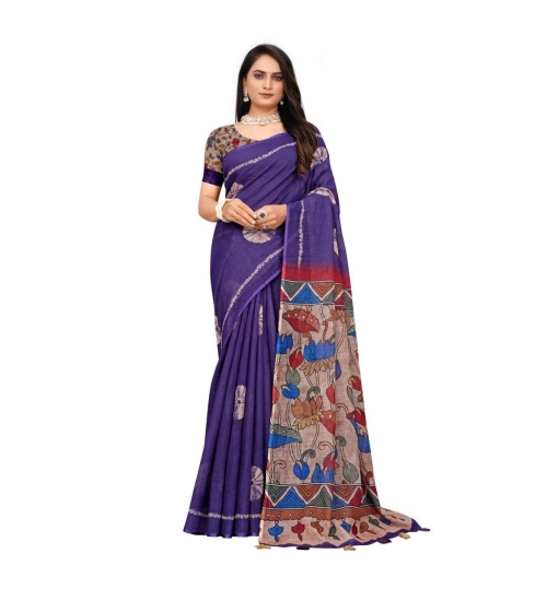 Generic Women's Linen Printed Saree With Unstitched Blouse 5.5Mtr (Purple)