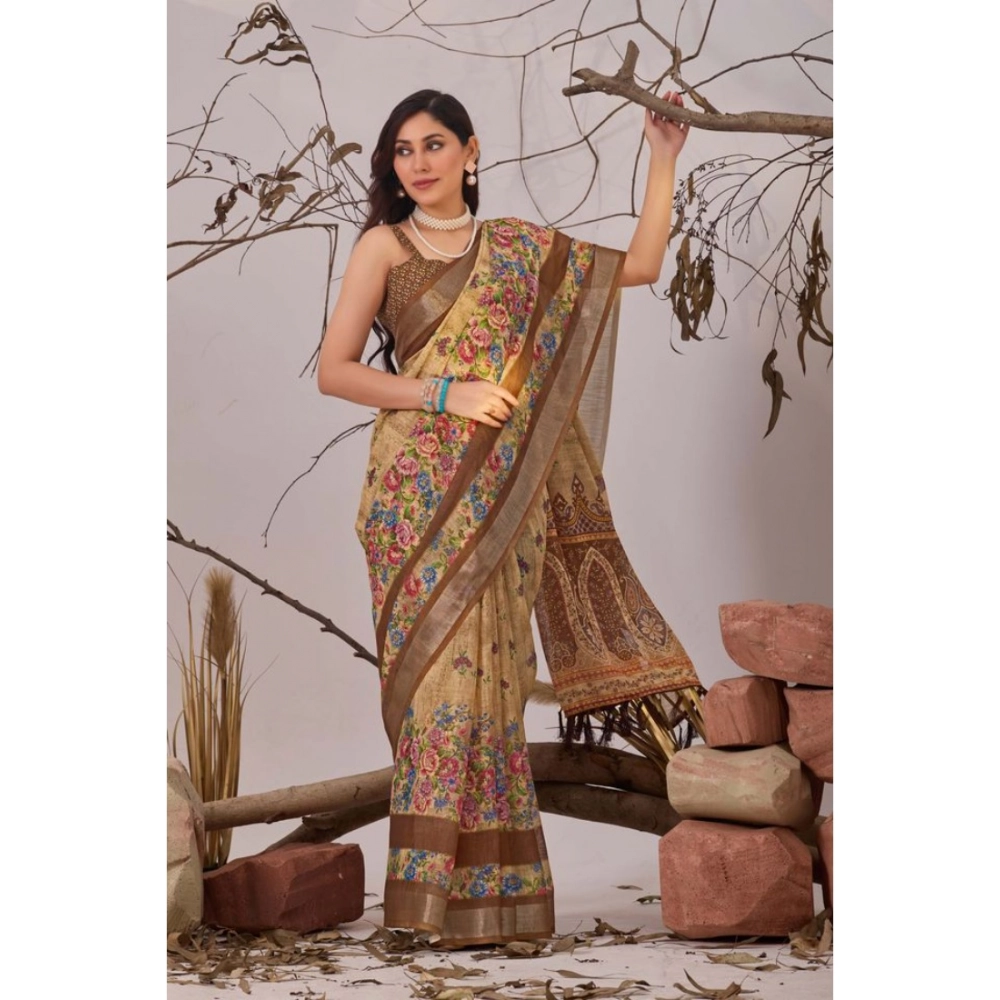 Generic Women's Faux_Linen Printed Saree With Unstitched Blouse 5.5Mtr (Beige)