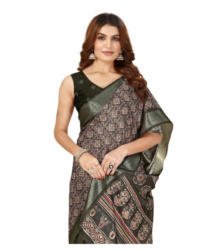 Generic Women's Cotton Blend Printed Saree With Unstitched Blouse 5.5Mtr (Black)