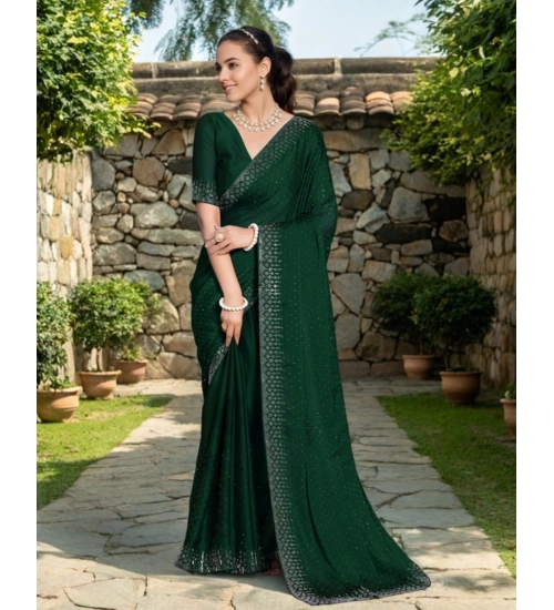 Generic Women's Rangoli Diamond Weaving - Stone Work Saree With Unstitched Blouse 5.5Mtr (Green)
