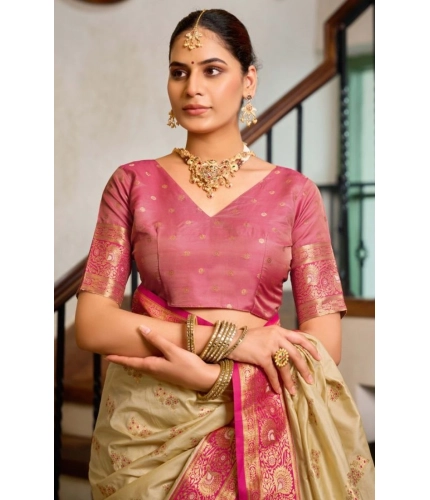 Generic Women's Silk Blend Booti Work Ready to wear Saree With Unstitched Blouse 5.5Mtr (LightBeige)