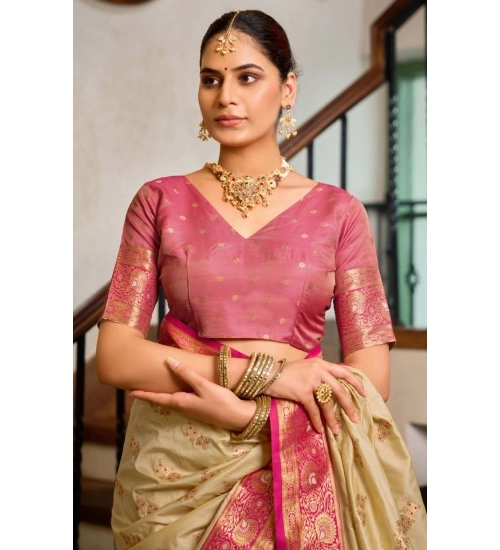 Generic Women's Silk Blend Booti Work Ready to wear Saree With Unstitched Blouse 5.5Mtr (LightBeige)