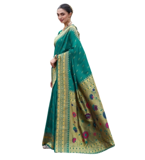Generic Women's Silk Blend Zari Woven Saree With Unstitched Blouse 5.5Mtr (Teal)
