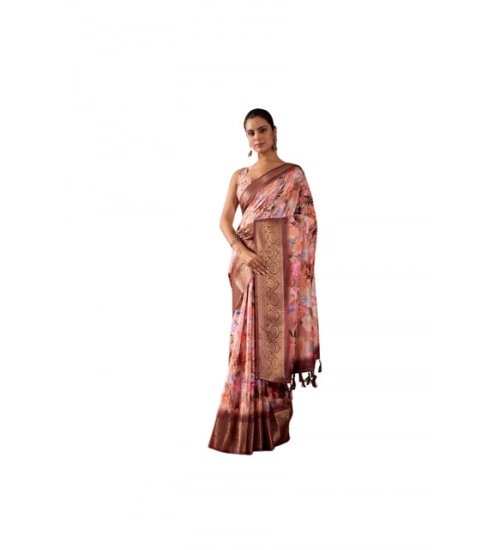Generic Women's Faux_Silk Printed Saree With Unstitched Blouse 5.5Mtr (Peach)