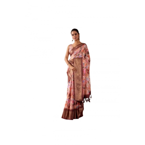 Generic Women's Faux_Silk Printed Saree With Unstitched Blouse 5.5Mtr (Peach)