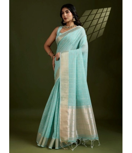 Generic Women's Tissue Checks_With_Buttis Saree With Unstitched Blouse 5.5Mtr (Aqua_Blue)