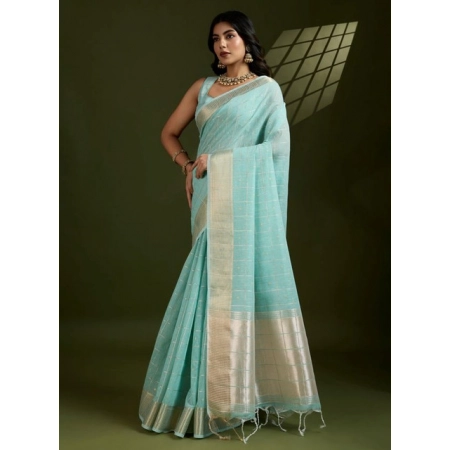Generic Women's Tissue Checks_With_Buttis Saree With Unstitched Blouse 5.5Mtr (Aqua_Blue)