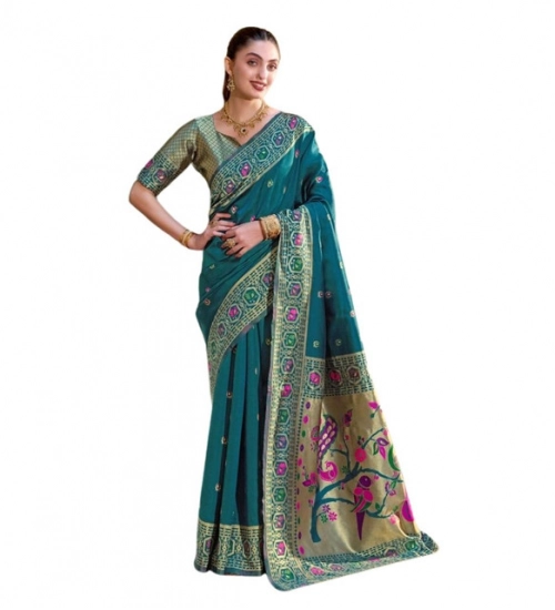 Generic Women's Silk Blend Paithani Weaving Saree With Unstitched Blouse 5.5Mtr (Teal)