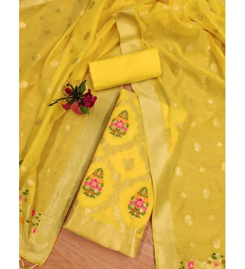 Generic Women's Banarasi Silk Printed Unstitched Salwar Suit Material With Dupatta (Yellow, 3Mtrs)