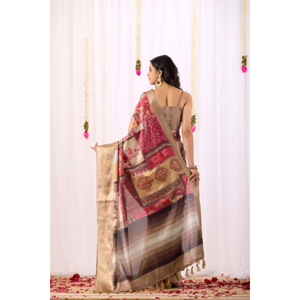 Generic Women's Faux_Silk Printed Saree With Unstitched Blouse 5.5Mtr (Beige)