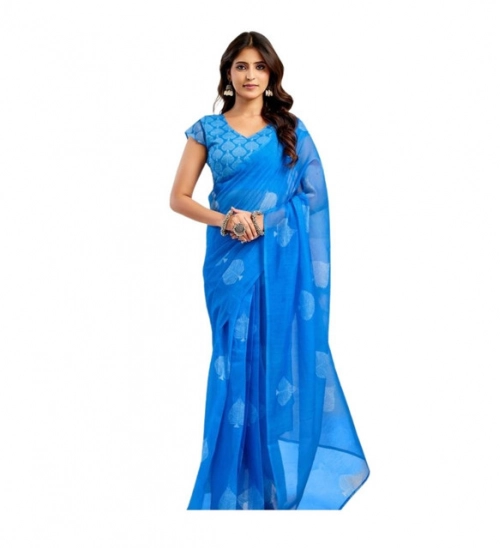 Generic Women's Linen Cotton Printed Ready To Wear Saree With Unstitched Blouse 5.5 Mtr (Royal_Blue)