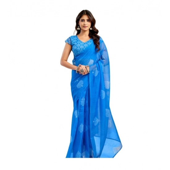 Generic Women's Linen Cotton Printed Ready To Wear Saree With Unstitched Blouse 5.5 Mtr (Royal_Blue)
