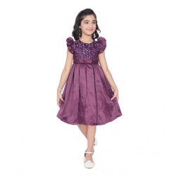 Generic Girl's Satin Printed Sleeve Less Round Neck Dress (Purple)