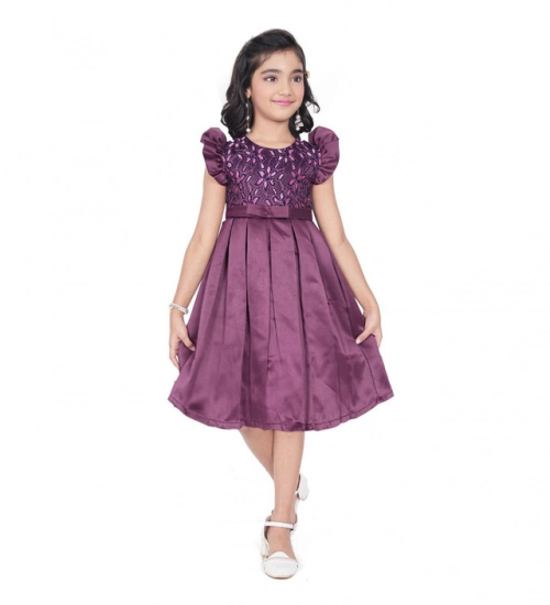 Generic Girl's Satin Printed Sleeve Less Round Neck Dress (Purple)