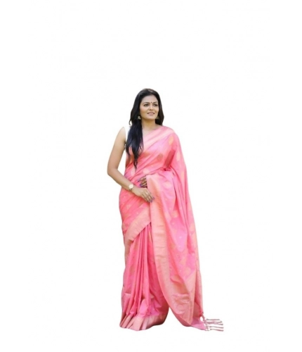 Generic Women's Soft Lichi Silk Printed Saree With Unstitched Blouse 5.5Mtr (Pink)