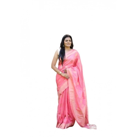 Generic Women's Soft Lichi Silk Printed Saree With Unstitched Blouse 5.5Mtr (Pink)