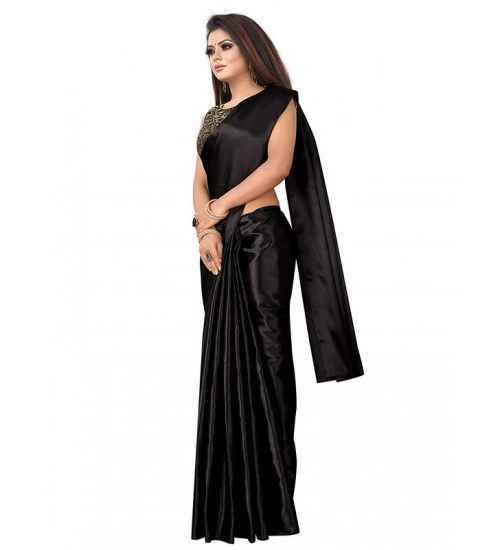 Generic Women's Satin Printed Saree With Unstitched Blouse 5.5Mtr (Black)