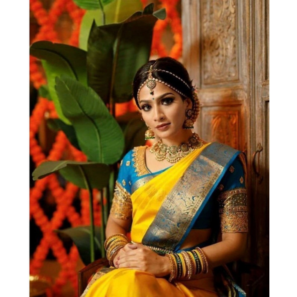 Generic Women's Soft Litchi Silk Jacquard Work Saree With Unstitched Blouse 5.5Mtr (Yellow)