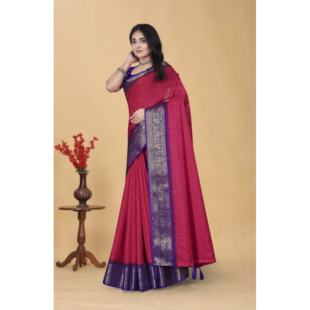 Women's Cotton Blend Checkered Saree With Unstitched Blouse 5.5Mtr (Pink)