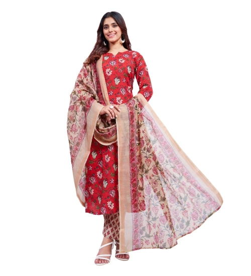 Generic Women's Cotton Blend Printed Kurti With Pant Dupatta Set (Red)