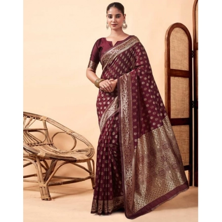 Generic Women's Jacquard Printed Saree With Unstitched Blouse 5.5Mtr (Maroon)